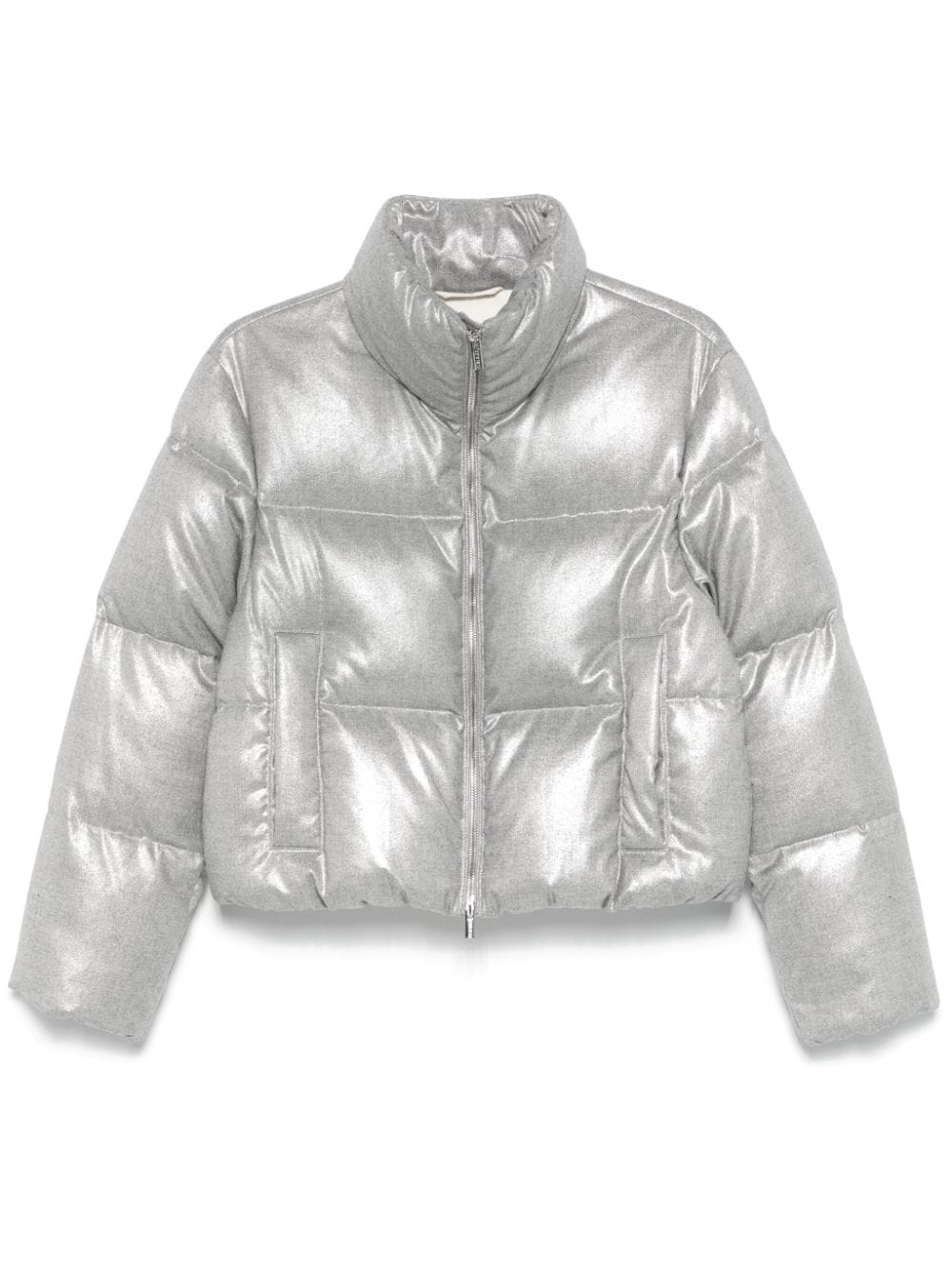 Lamé-Effect Goose Down Down Jacket — Silver