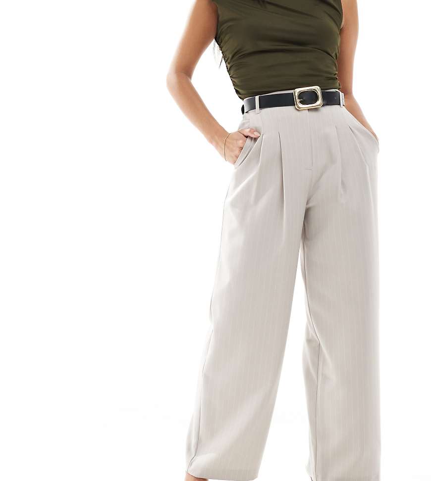 Miss Selfridge Petite wide leg tailored pants in beige pinstripe-Neutral