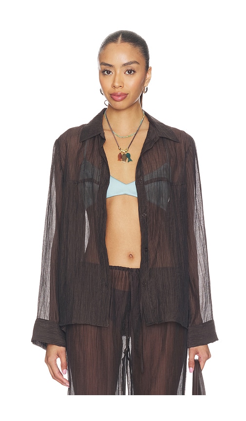 LNA Sylvee Sheer Button Up in Chocolate. S. Also in XS, M