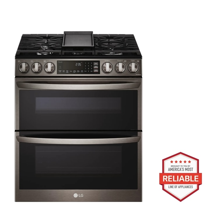 LG Smart Gas Double Oven Slide-in Range with InstaView®, ProBake® Convection, Air Fry, and Air Sous Vide, Black Stainless Steel, 6.. ft