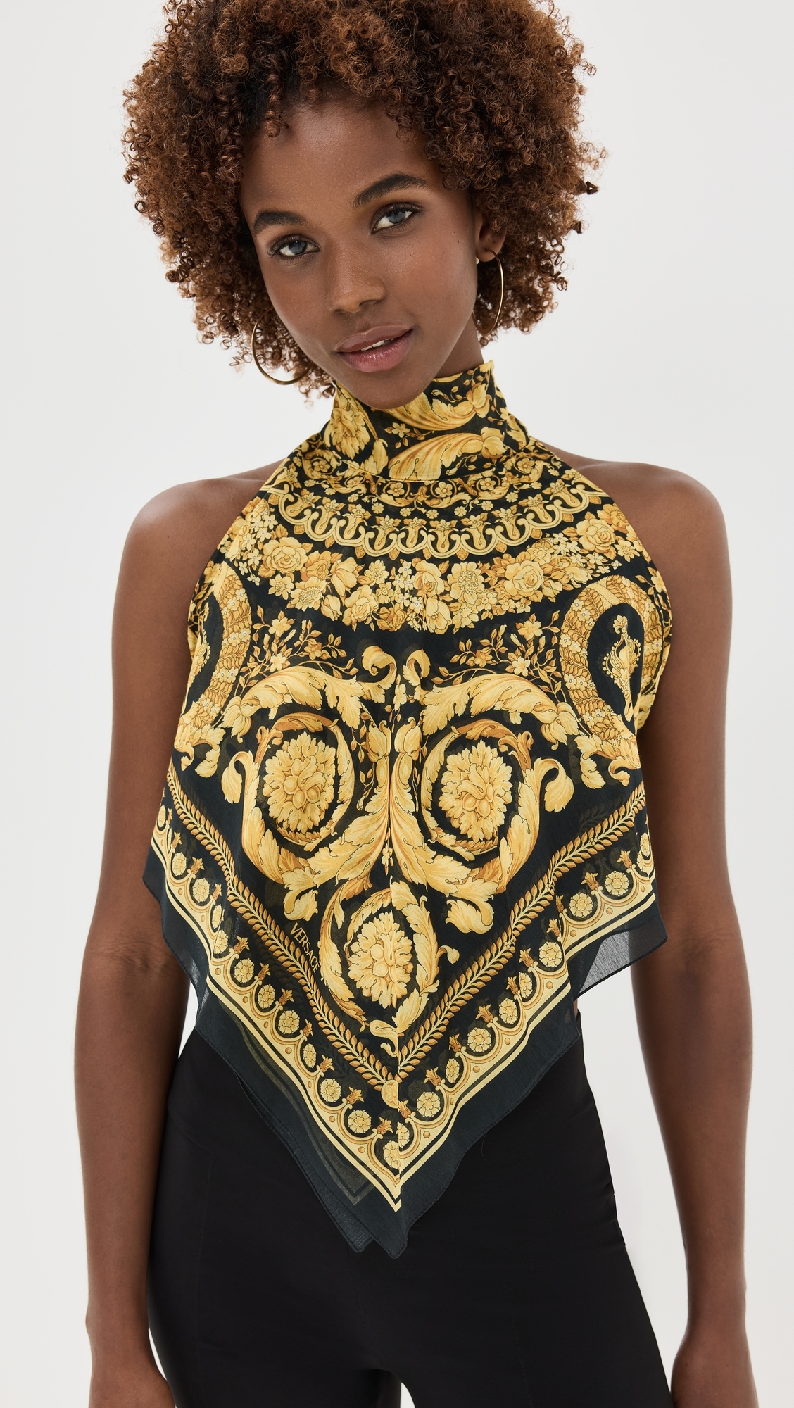 Beachwear Cotton Silk Voile Fabric Baroque Print Top 5B000-Black+Gold