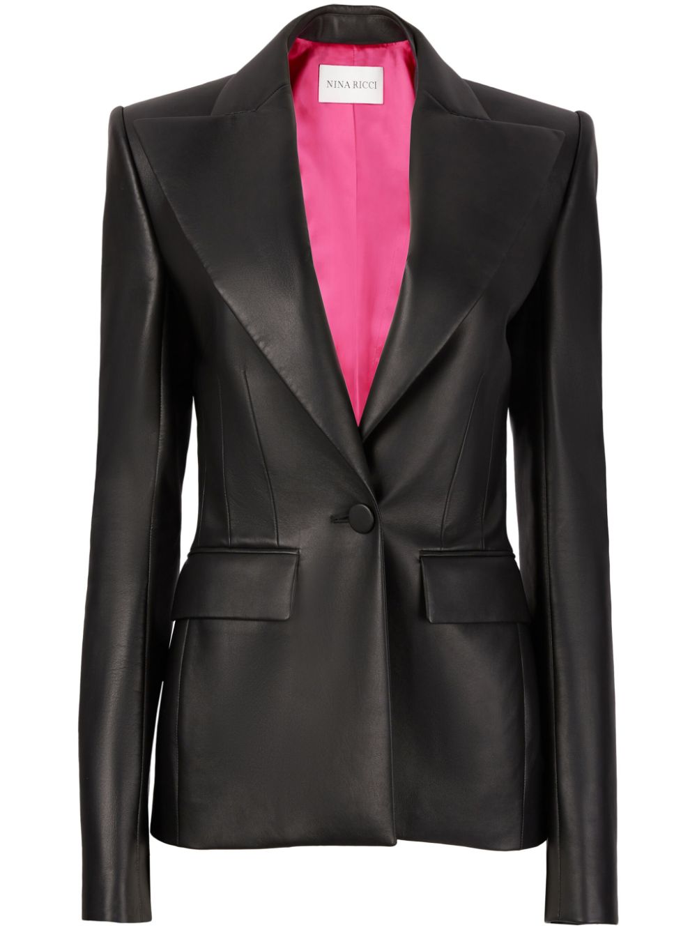 Single Button Leather Blazer - Black
