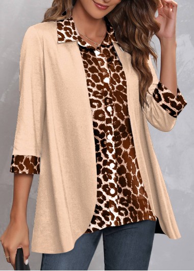 Modlily Light Camel Fake 2in1 Leopard Blouse