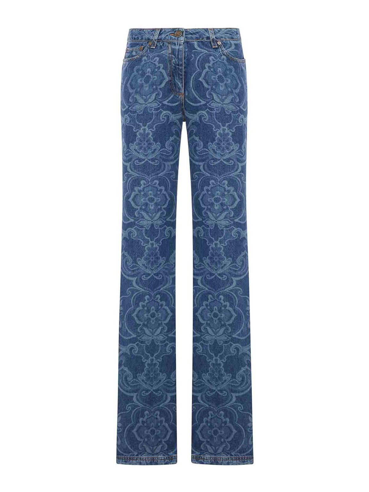 Jacquard Denim Jeans With Ornamental Pattern