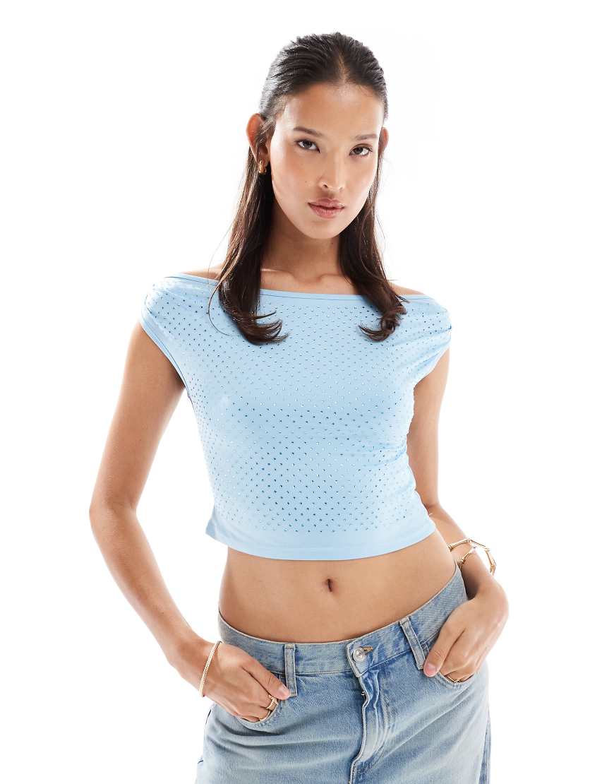 The Frolic exclusive hot fix diamante off shoulder crop top in blue