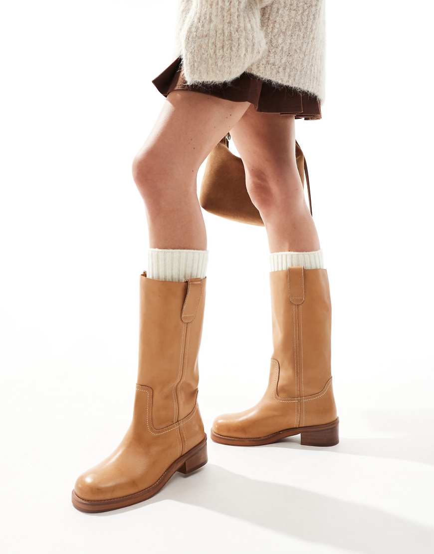 ASOS DESIGN Cindy leather pull-on boots in camel-Brown