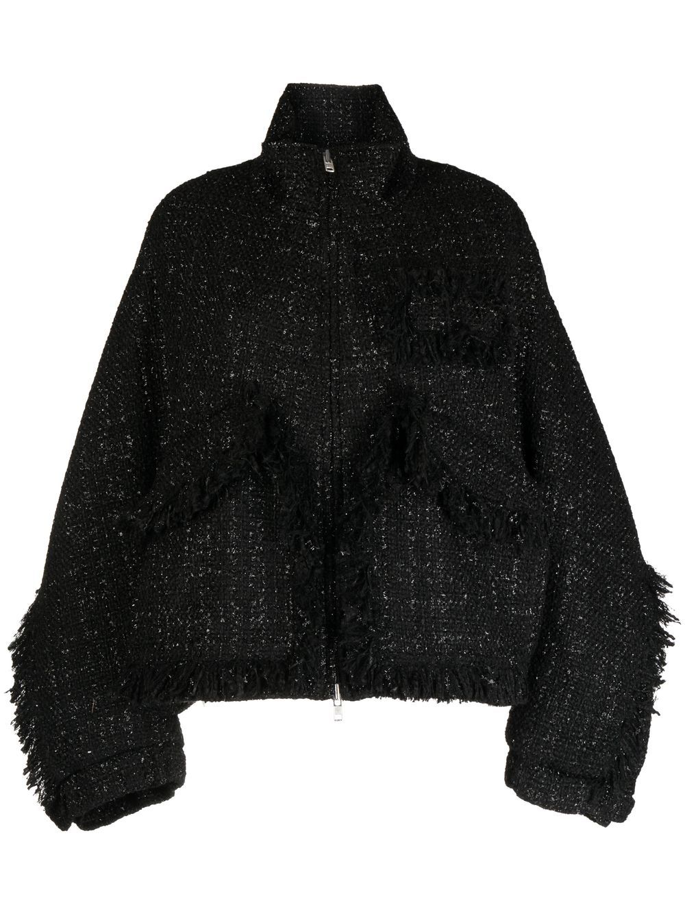 Stand-collar tweed bomber jacket - Black