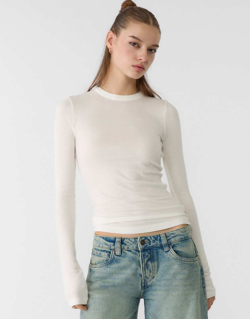 Ribbed long sleeve t-shirt in ecru-White