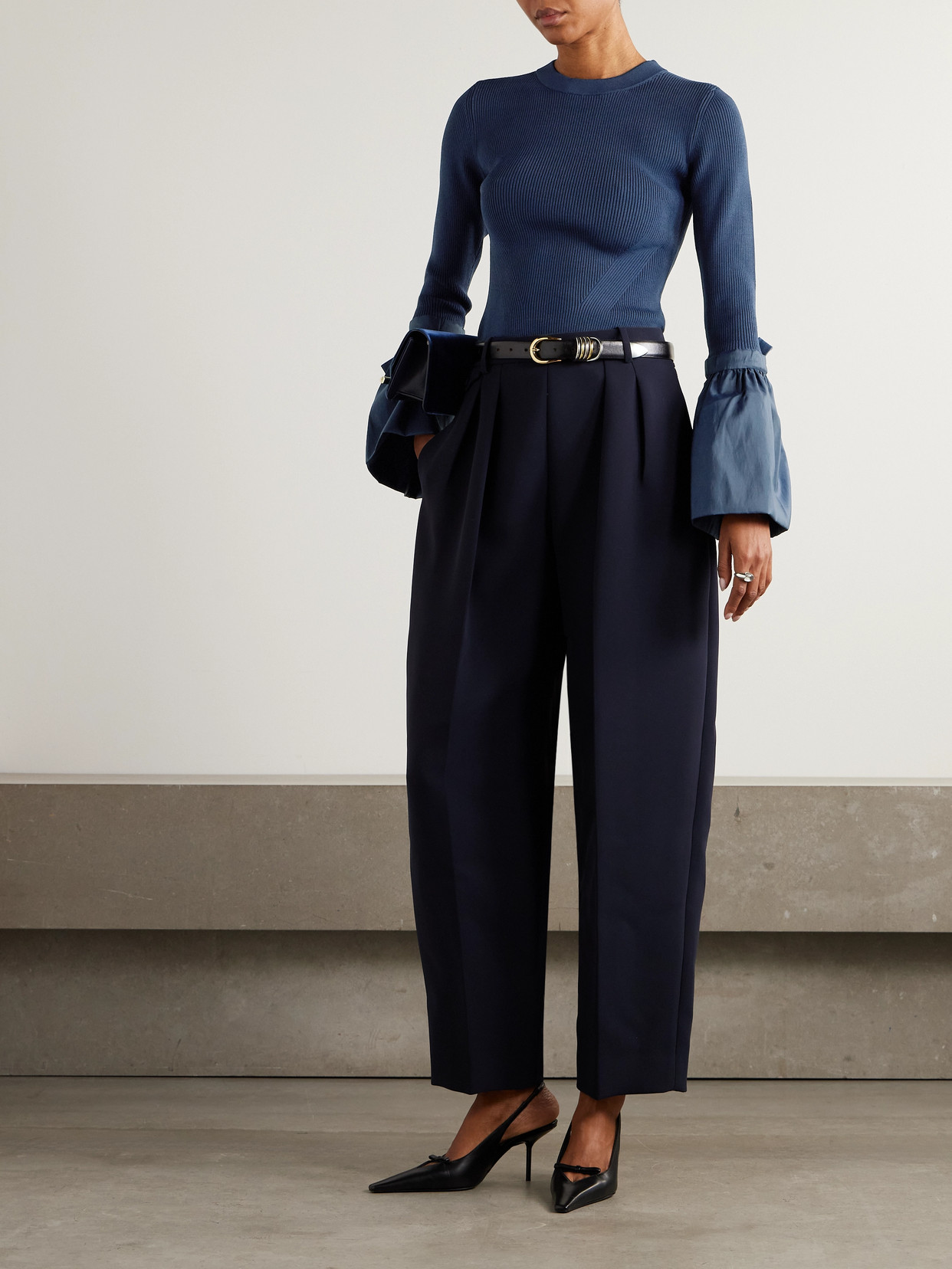 Agata Taffeta-trimmed Ribbed-knit Sweater - Blue