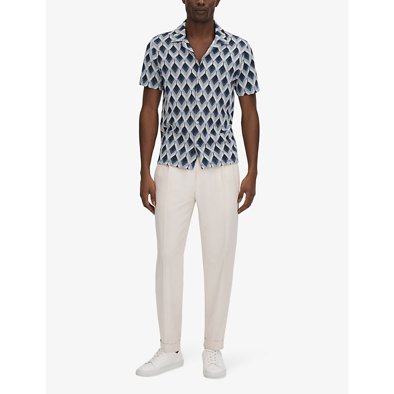 Mens Navy Multi Beech Diamond-jacquard Slim-fit Stretch-cotton Shirt S