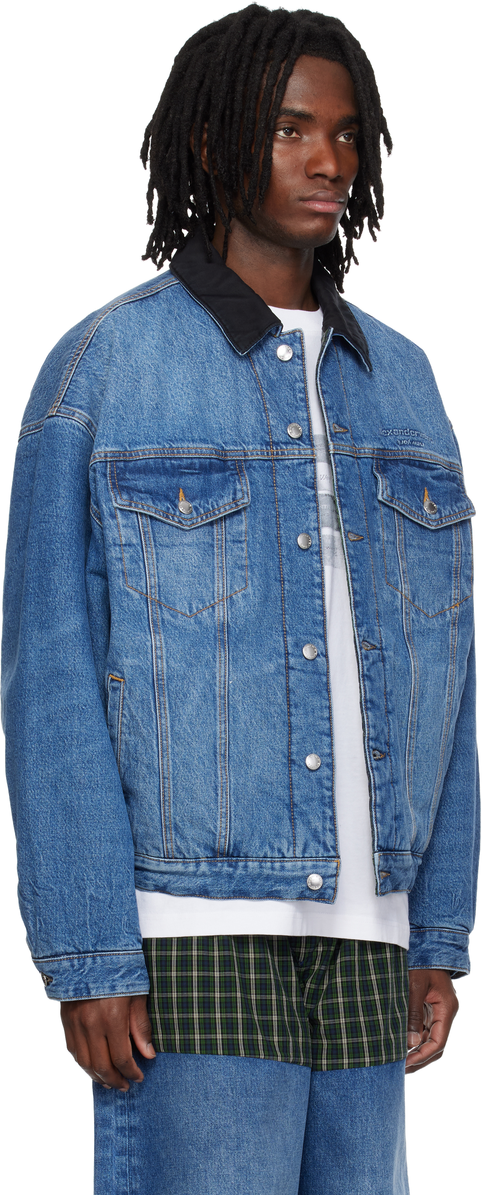 Blue Plaid Combo Reversible Trucker Denim Jacket