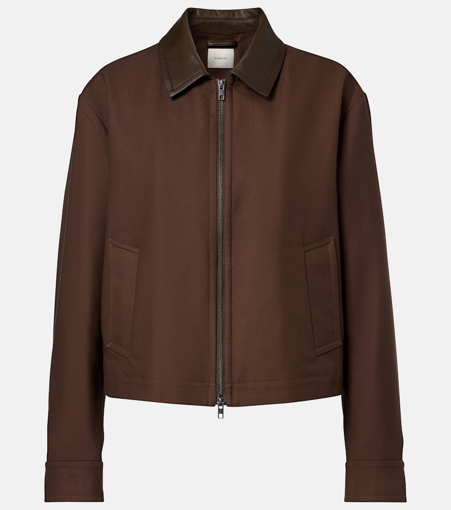 Cropped leather-trimmed cotton twill jacket
