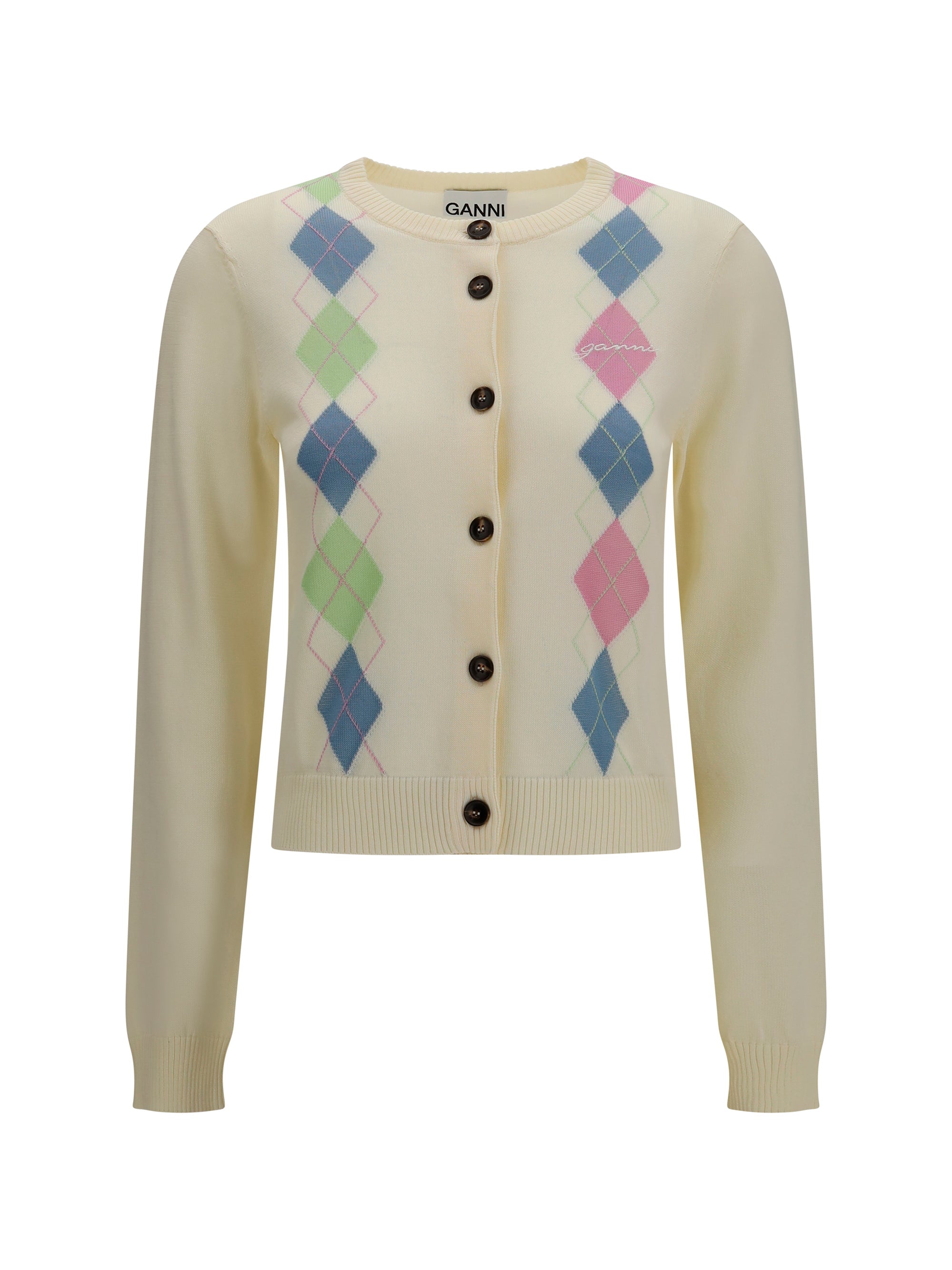 Diamond-Pattern Cotton Cardigan — Beige