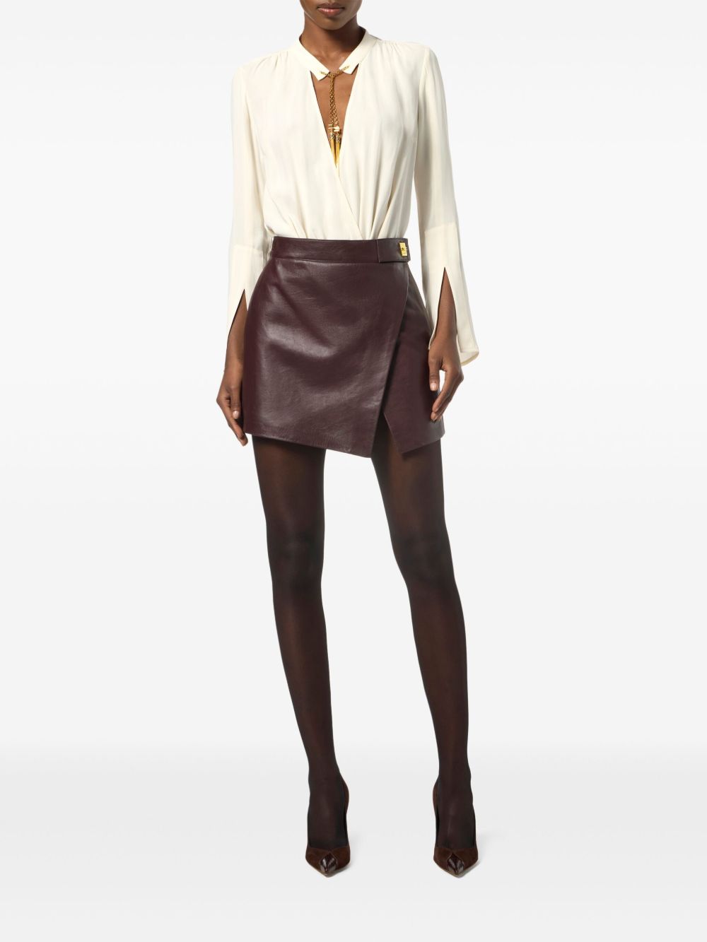 Asymmetrical leather mini skirt - Brown
