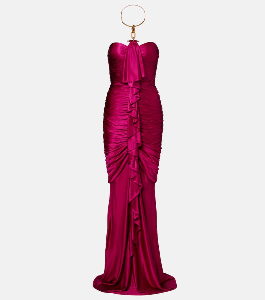 Draped ruffled satin bustier gown