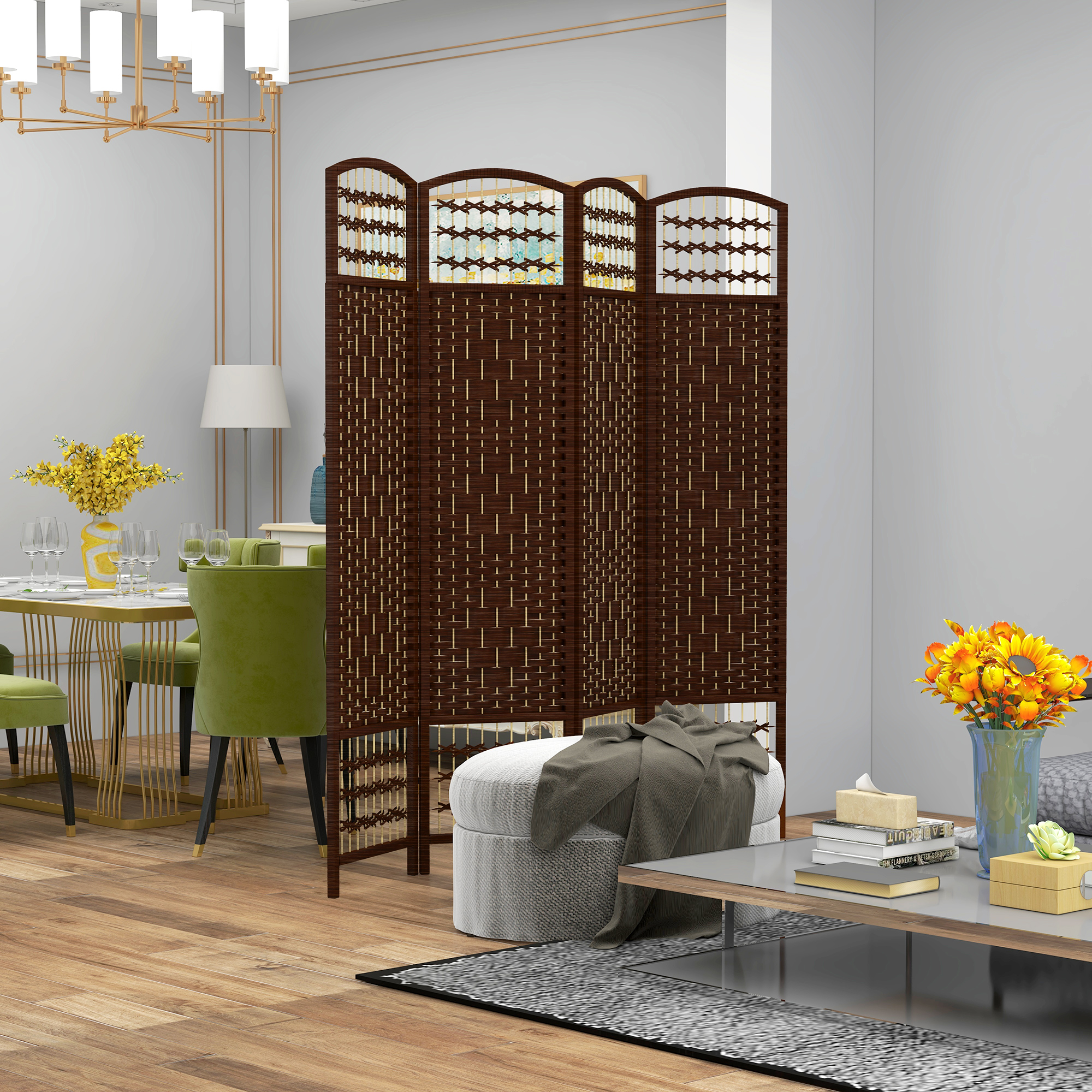 HOMCOM 4-Panel Folding Room Divider: Portable Privacy Screen, Wave Fiber Room Partition for Home Office, Brown | Aosom Canada