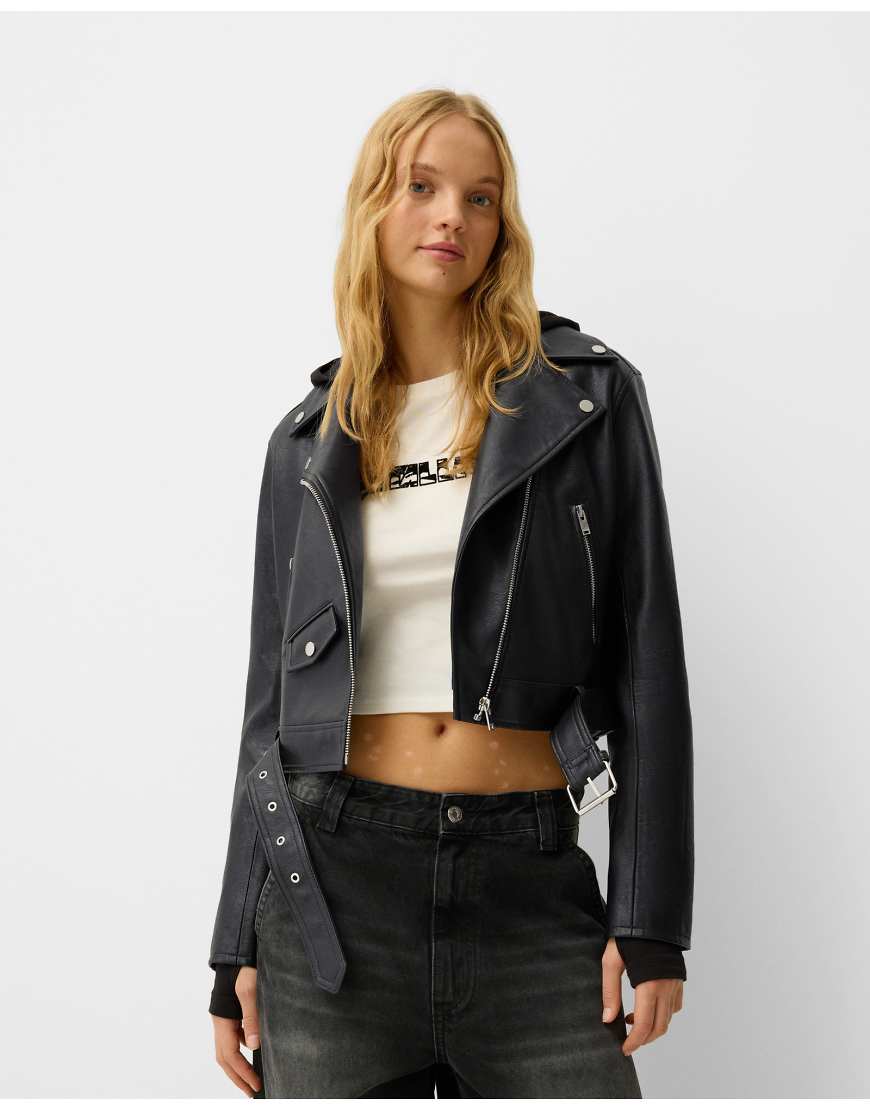 Faux leather biker jacket in black