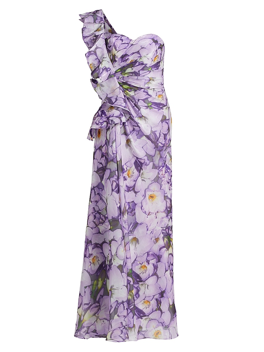 Women's Floral Ruffle One-Shoulder Gown - Lilac Multi