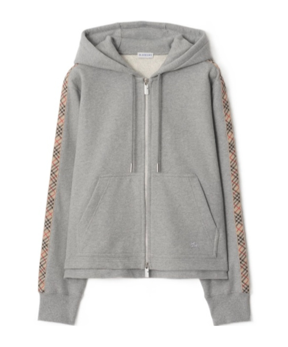 Check-Band Zip-Up Drawstring Hoodie