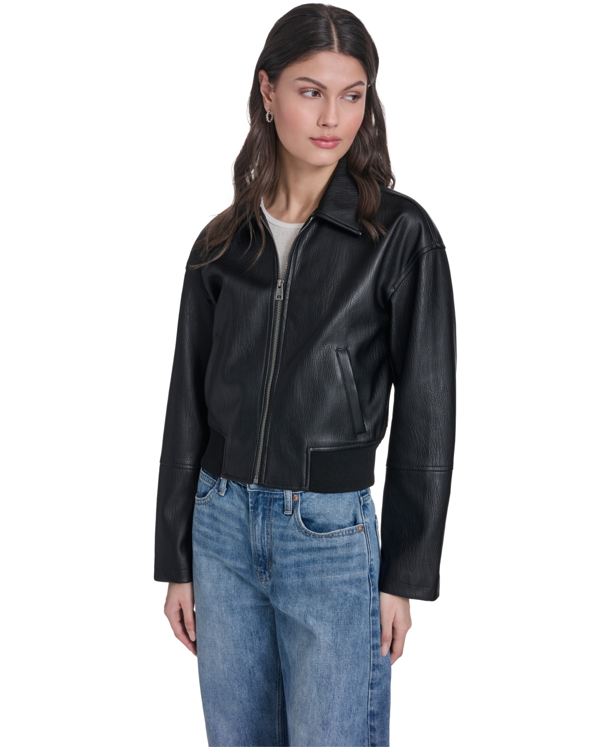 Women's Faux Leather Bomber Jacket - Black