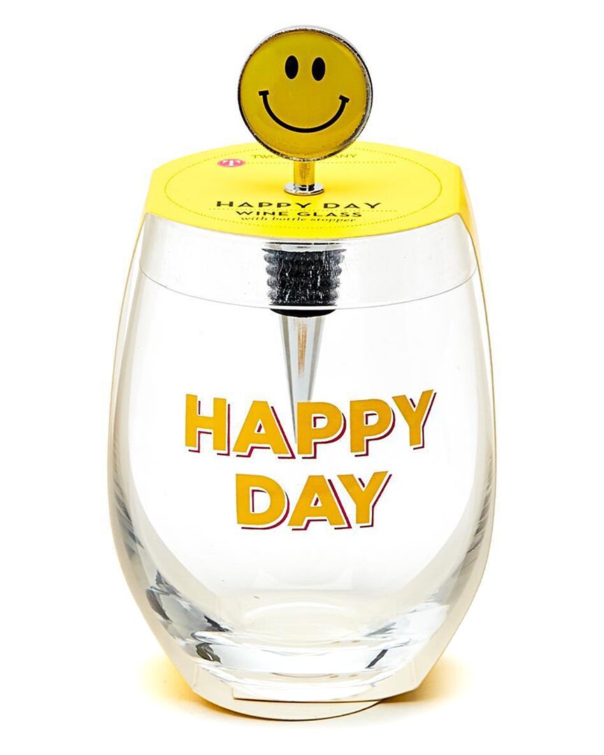 Happy Day Stemless Wine Glass With Smile Face Wine Stopper