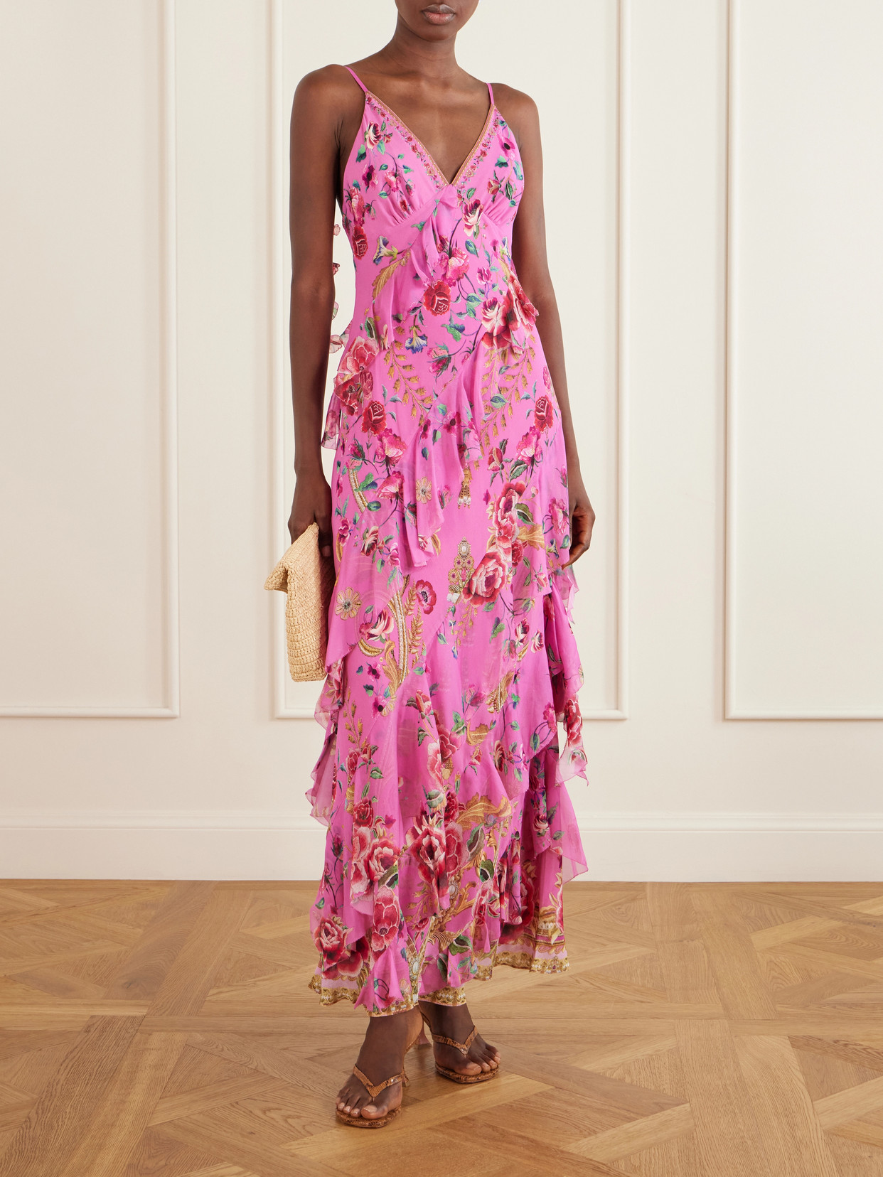 Embellished Ruffled Silk-georgette Maxi Dress - Pink