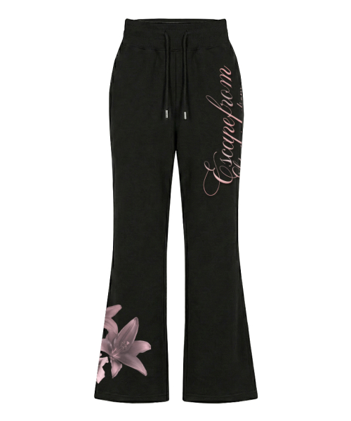Flower Lettering Print Bootcut Sweatpants Black