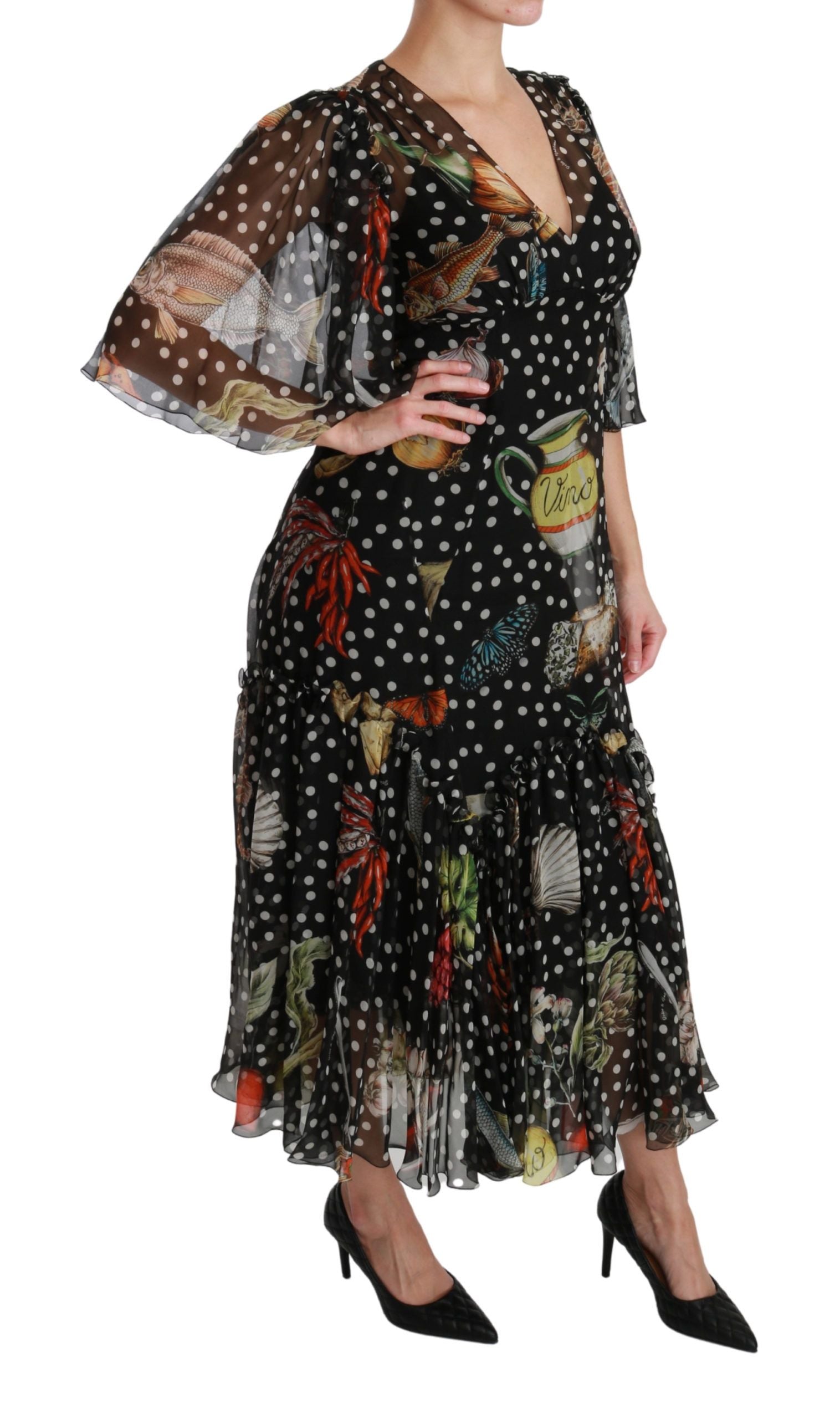 Printed Silk A-Line Dress — Black