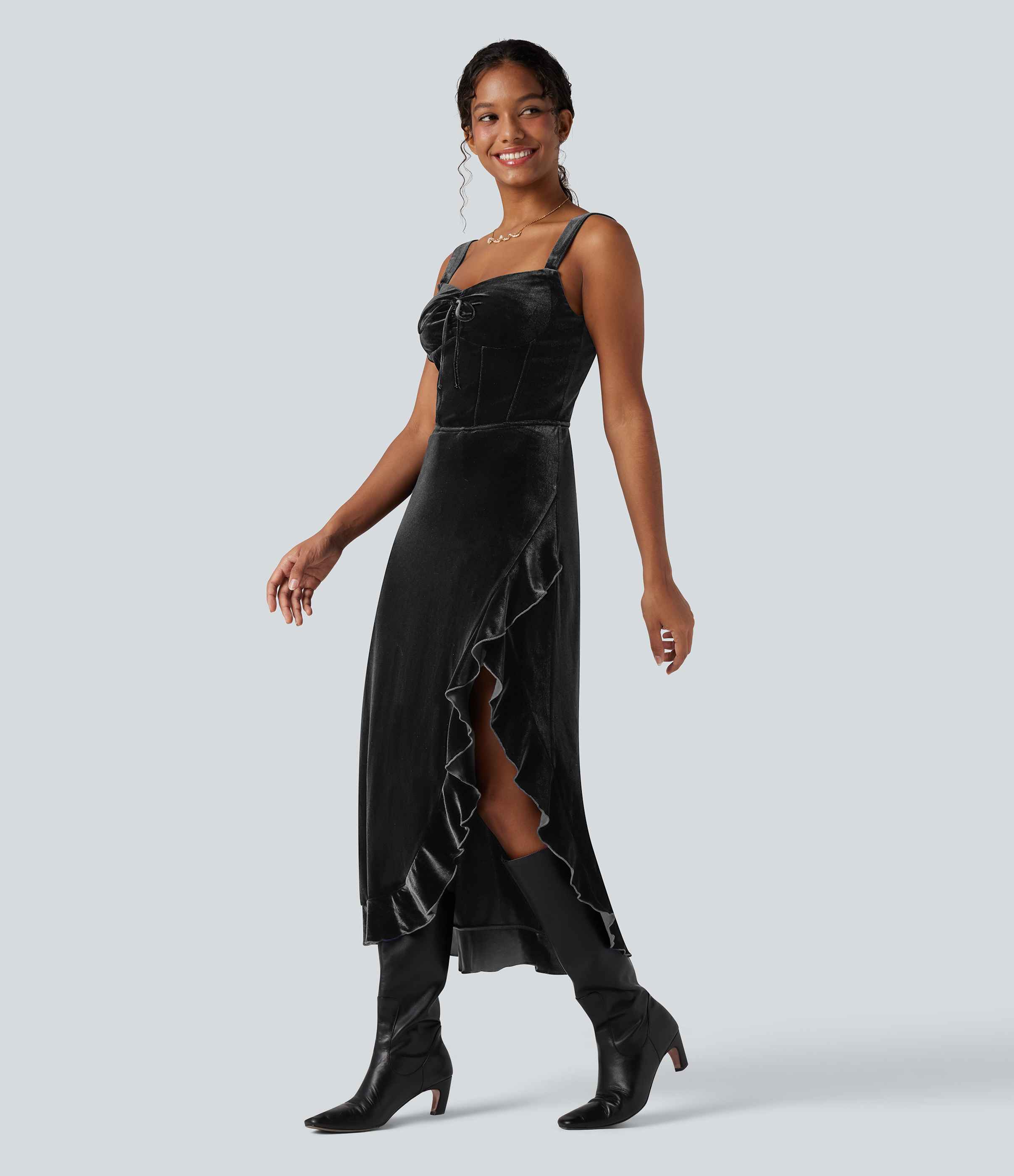 Halara Queen Anne Neck Bow Front Ruffle Hem Velvet Midi Dress - Black