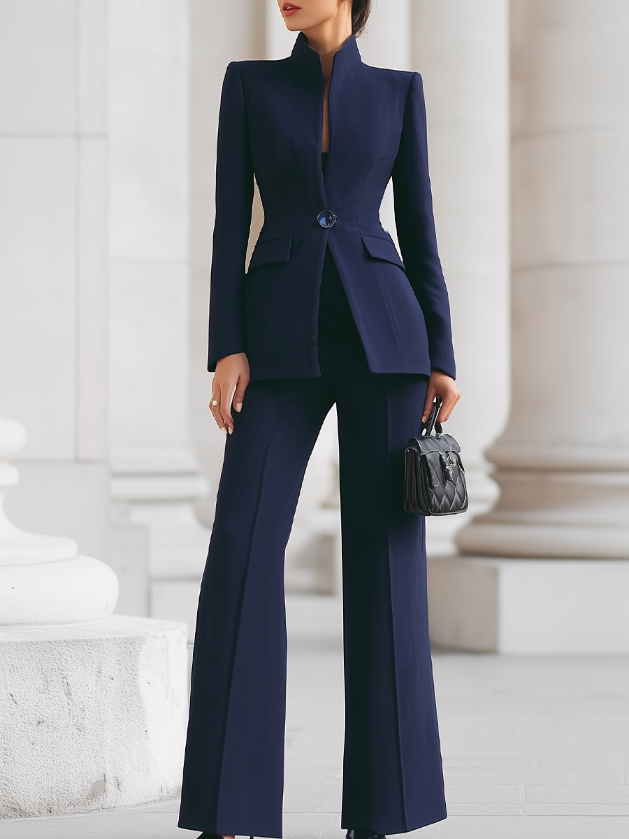Sophisticated  High-Collar Blazer & Wide-Leg Trousers Set - Navy Blue