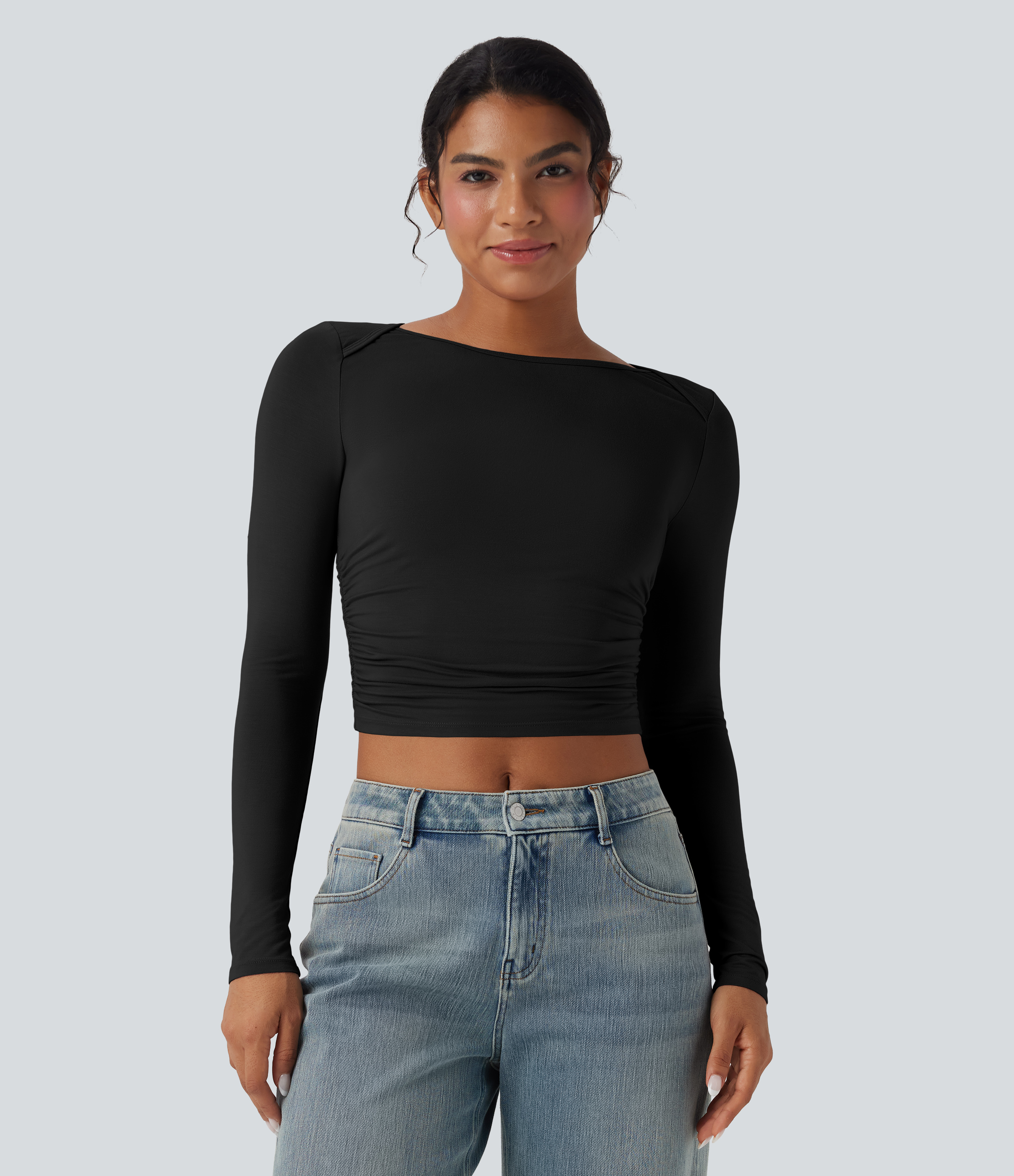 Boat Neck Long Sleeve Ruched Cropped Casual Top Tank Top - Black