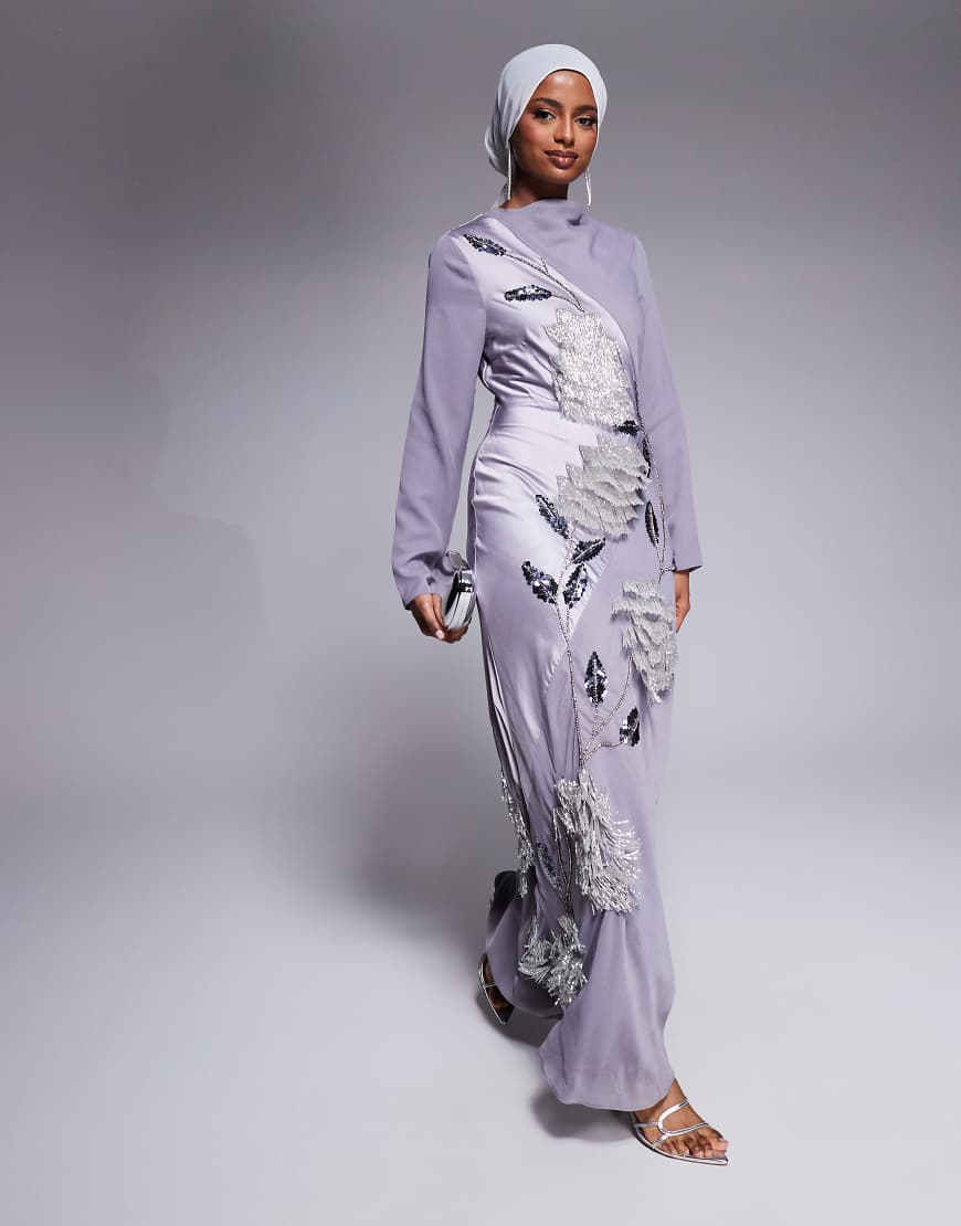 ASOS DESIGN satin chiffon mix embellished maxi dress with cowl neck in dusky purple-Gray
