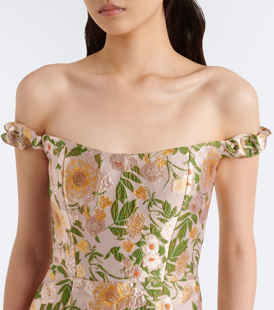 Off-shoulder floral brocade gown