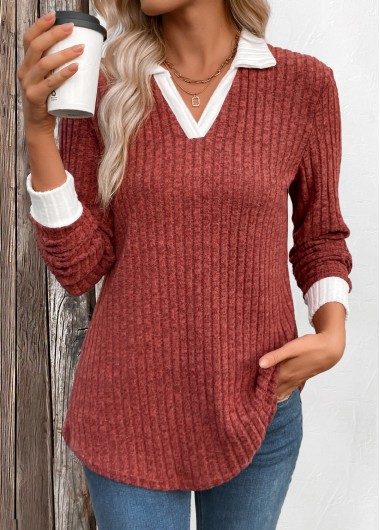 Modlily Brick Red Patchwork Long Sleeve T Shirt