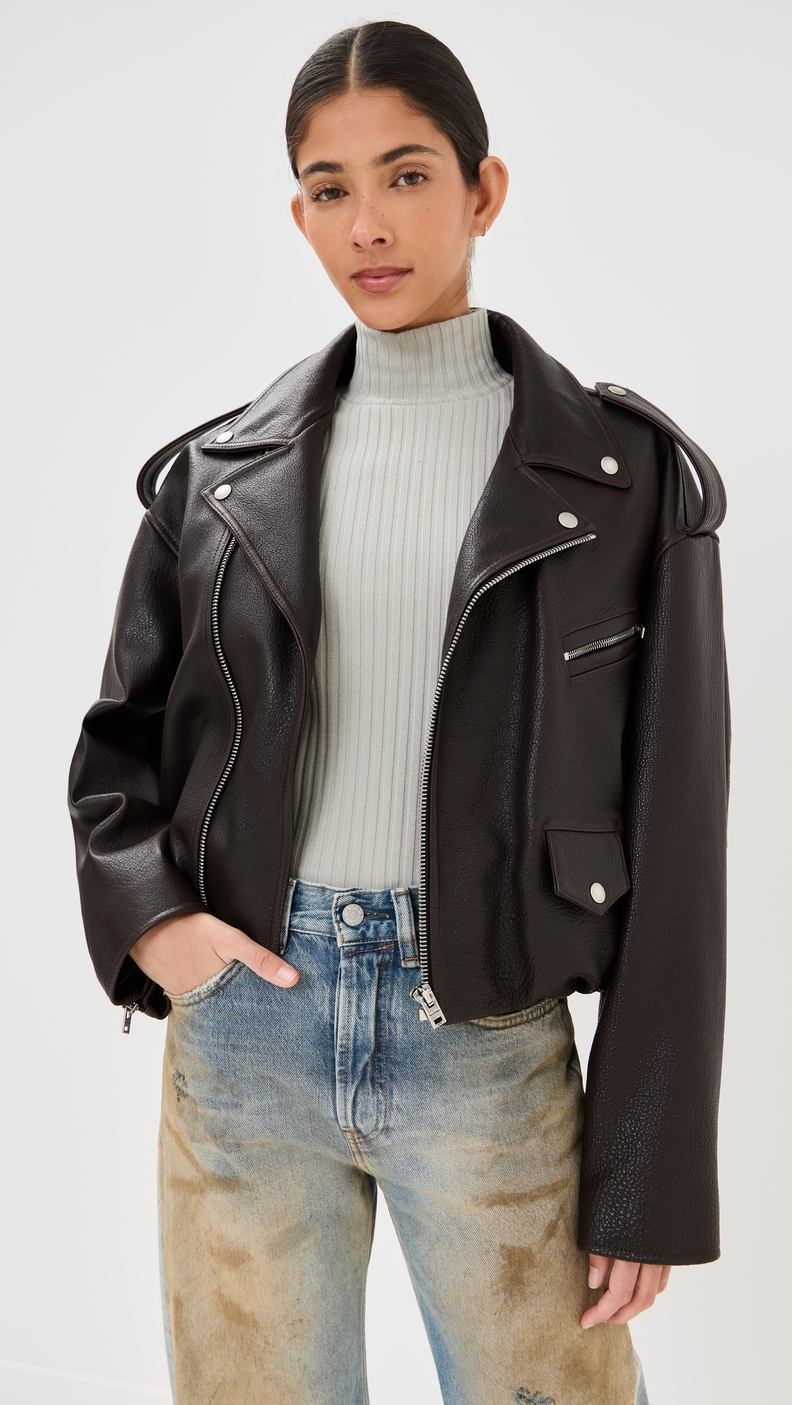 Leather Biker Jacket Dark Brown