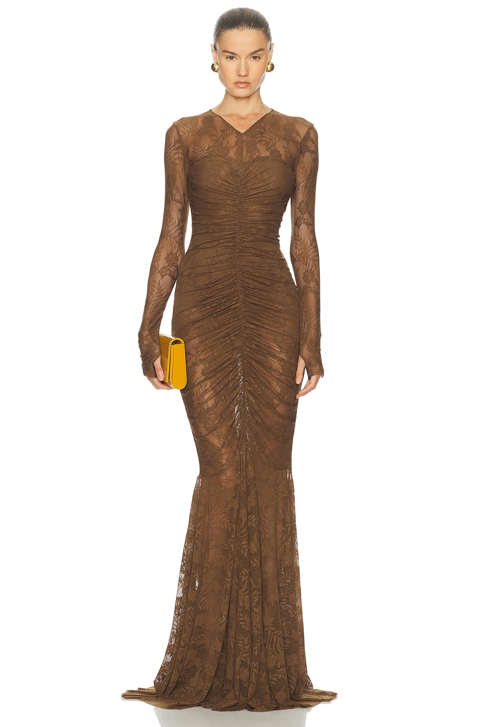 Norma Kamali Long Sleeve V Neck Shirred Front Fishtail Gown in Bark - Chocolate. XS also in L, M