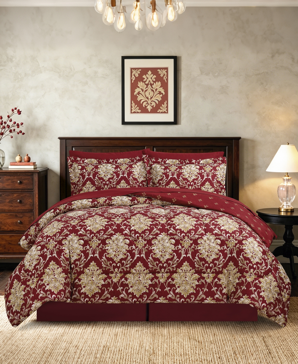 Alexa Damask Reversible Microfiber 8-Piece Comforter Set - Red