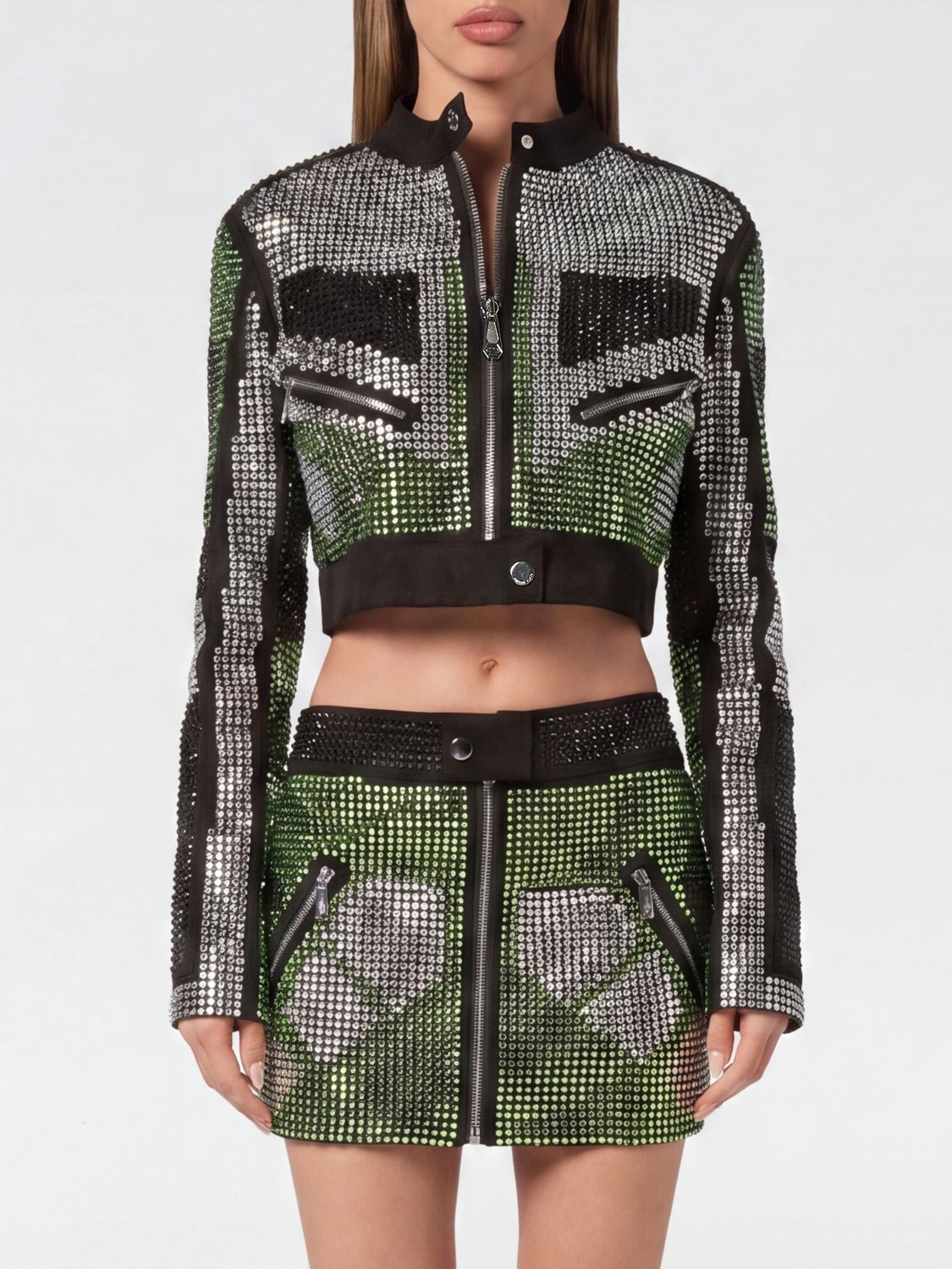 Strass cropped biker jacket - Silver