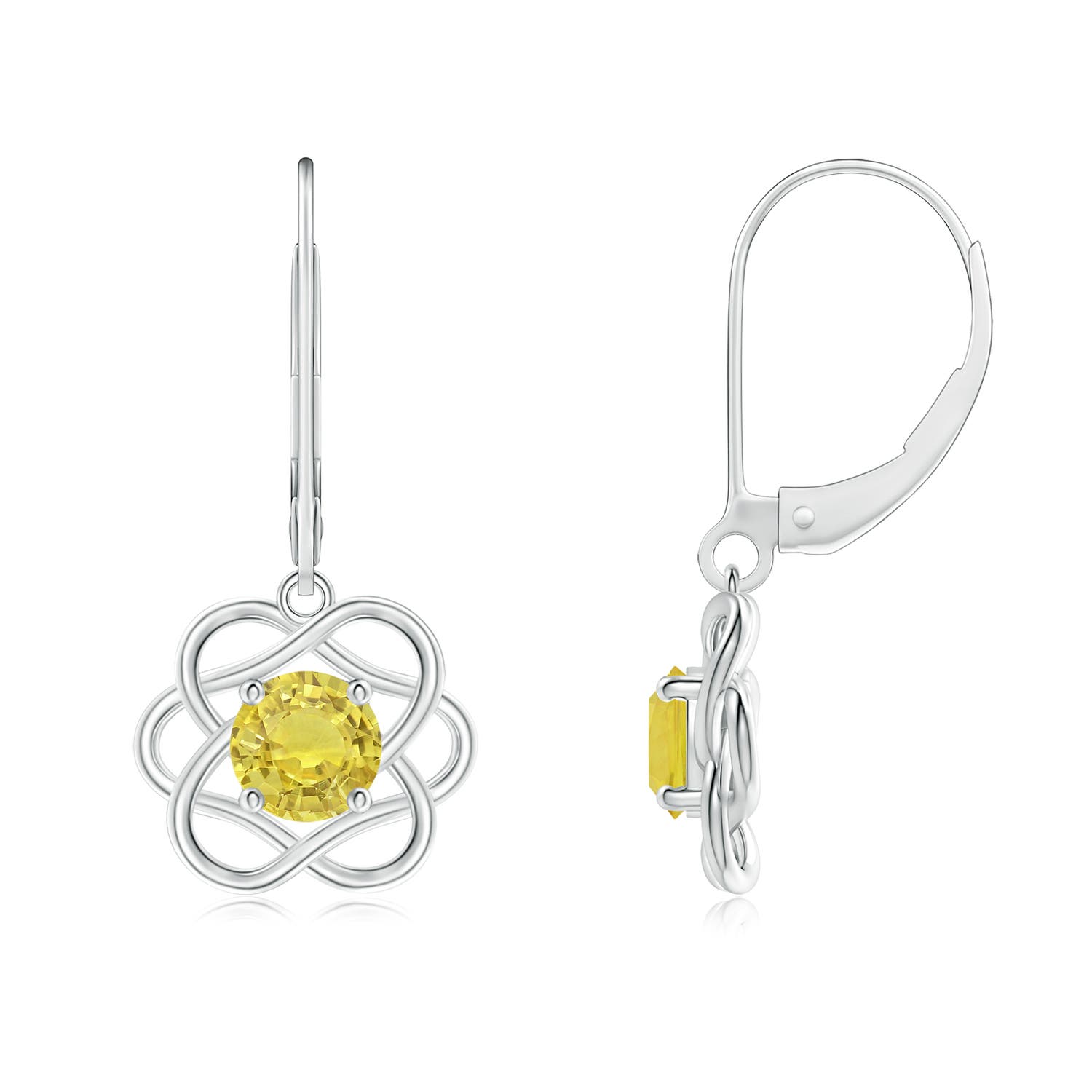 Angara 1.06 Carats Solitaire Yellow Sapphire Intertwined Flower Dangle Earrings in Platinum