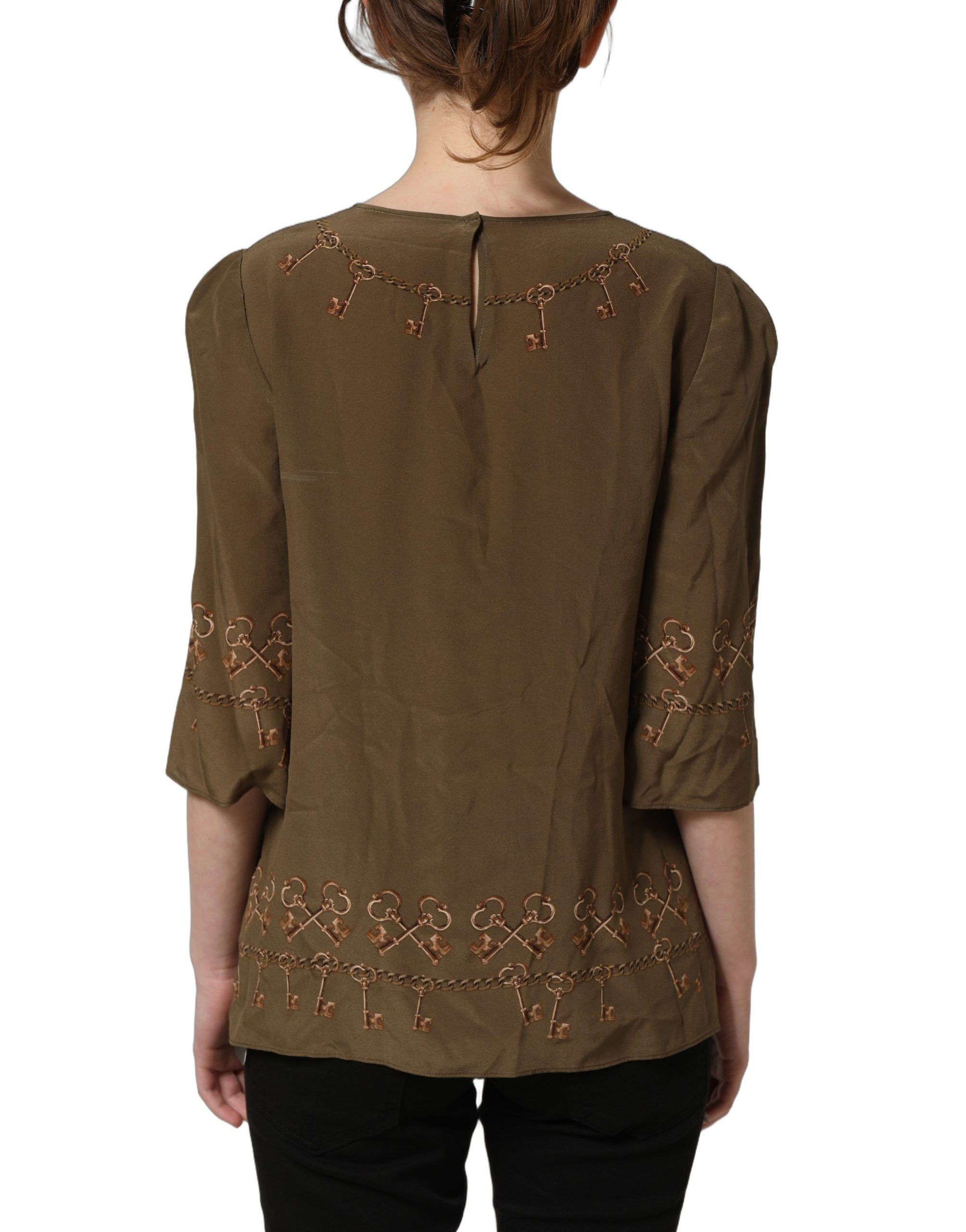 Key and Rose Embroidered Silk Blouse — Brown