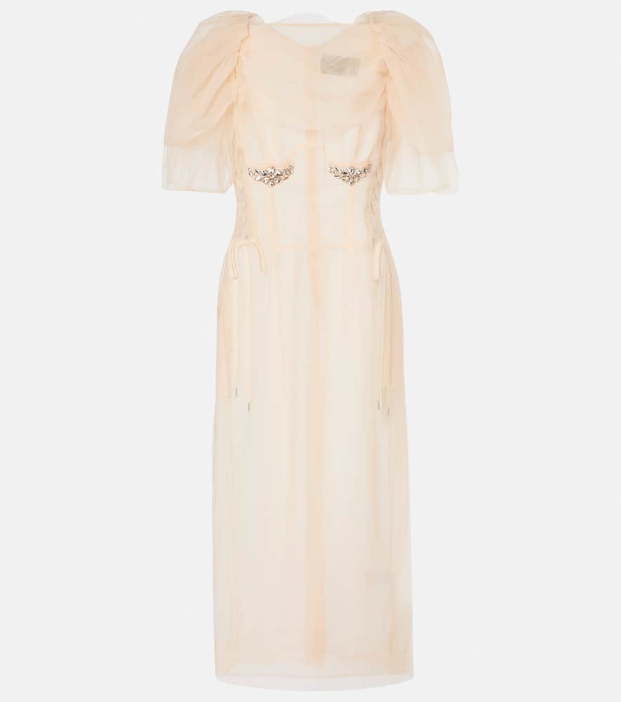 Embellished ruched mesh midi dress