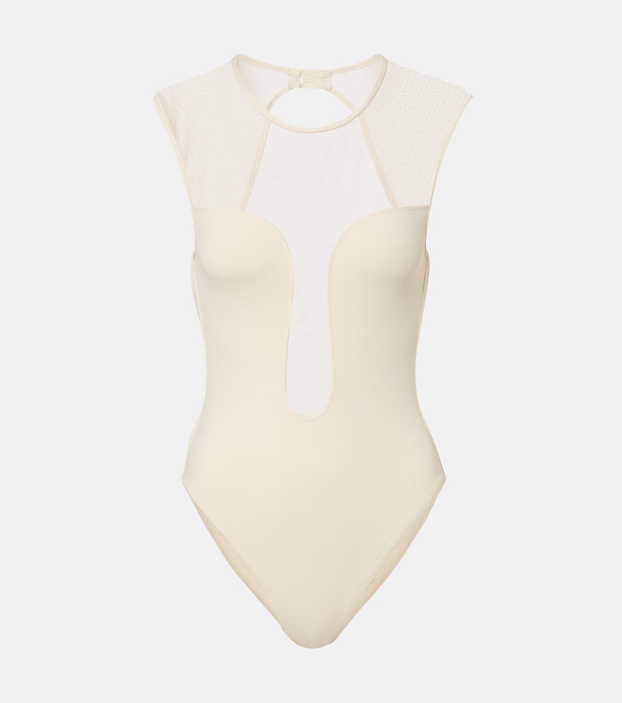 Unique mesh-trimmed jersey bodysuit
