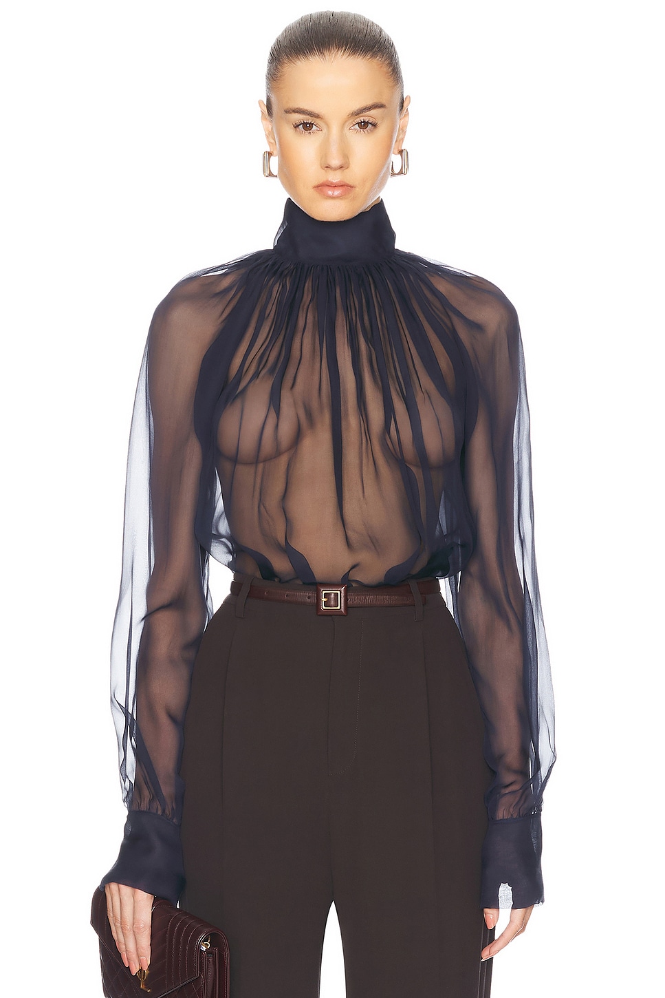 Saint Laurent Long Sleeve Blouse in Midnight Blue - Navy. 34 also in