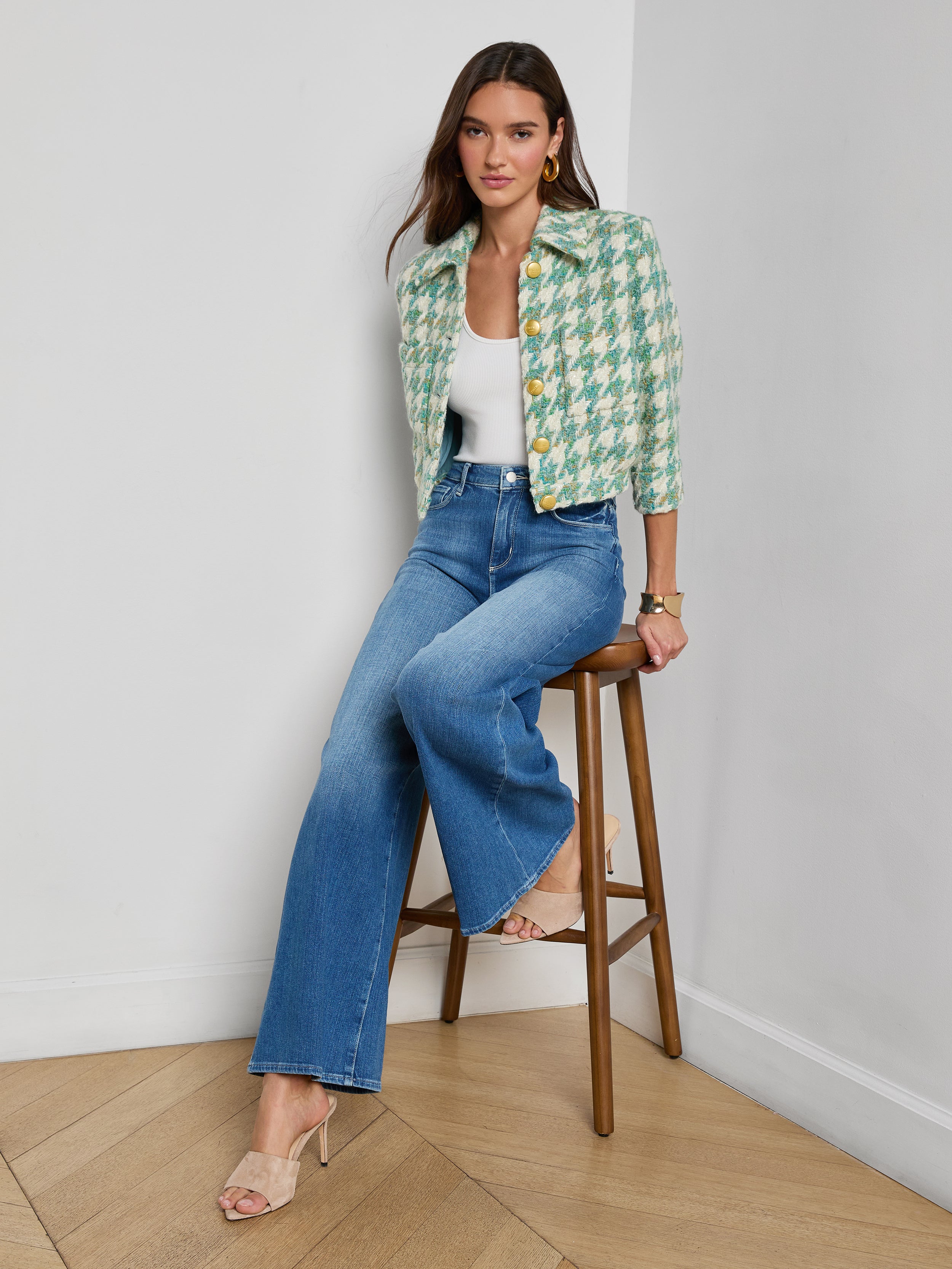 Jia Houndstooth Tweed Jacket In Dusty Jade Multi Houndstooth