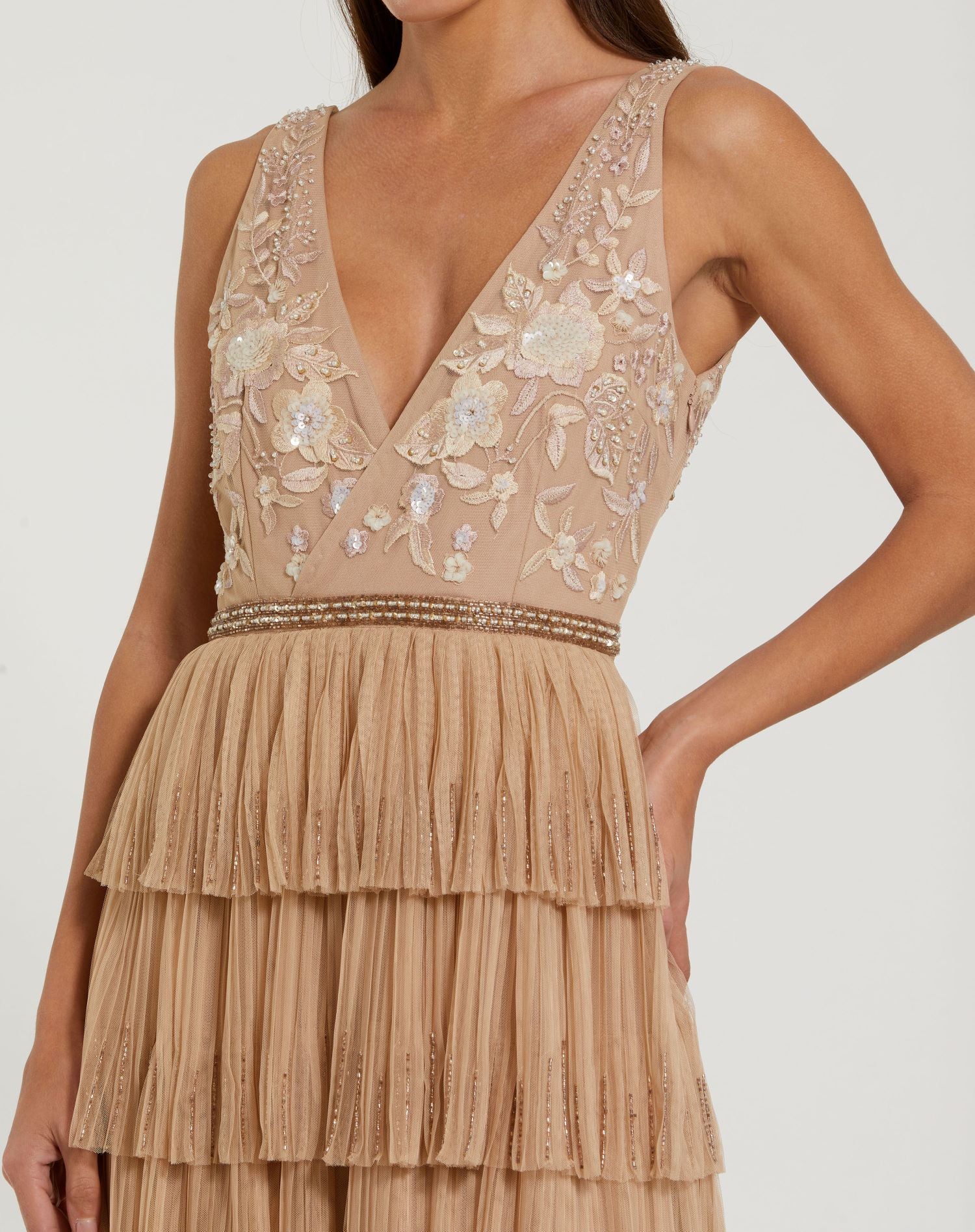 Beige Beaded Mesh V Neck Wedding Guest Maxi Gown with Tiered Ruffles Sand