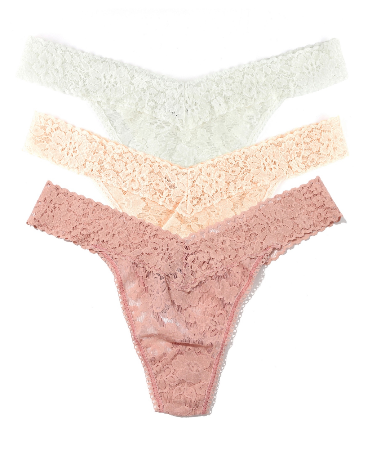 Women's Daily Lace Original Rise Thong Underwear 3 Pack - Desert Rose, Vanilla, Marshmallow