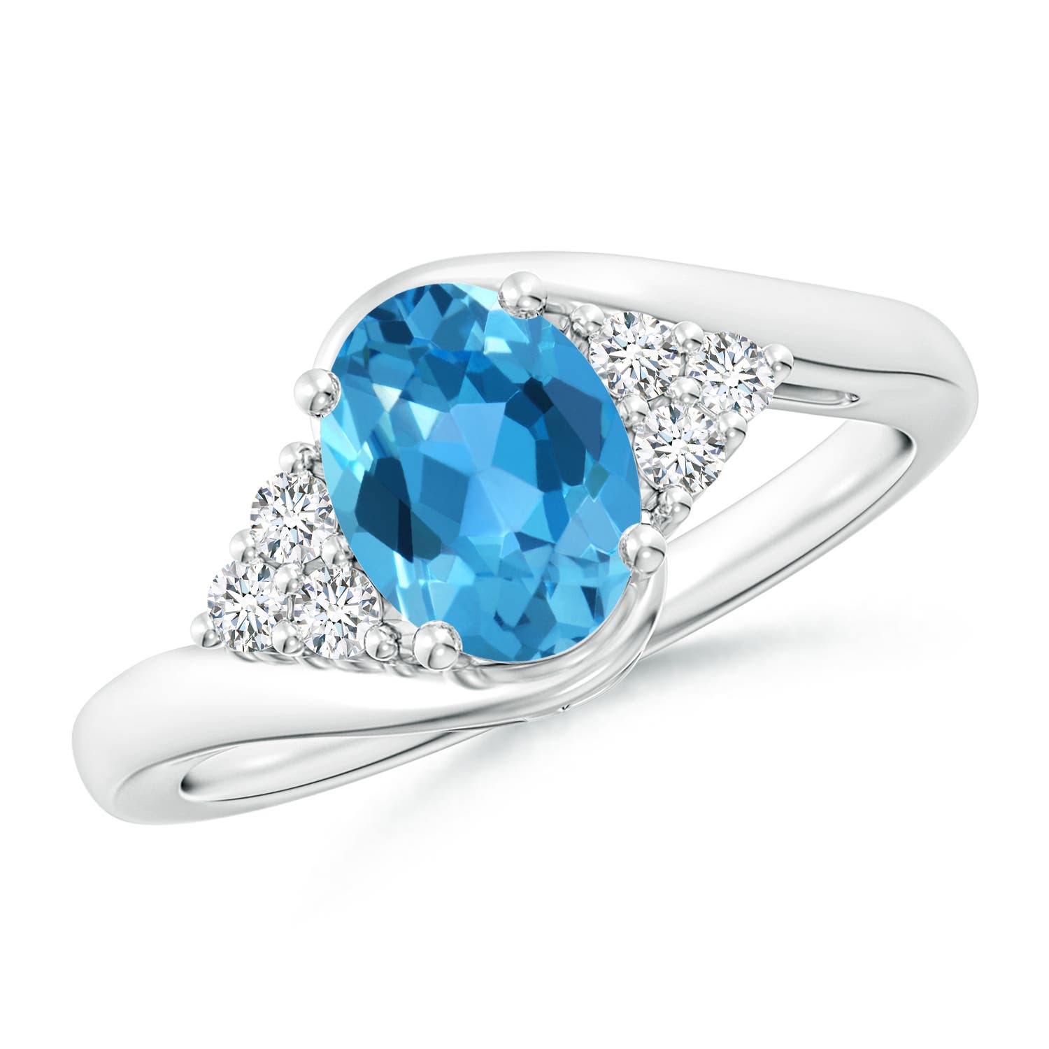 Angara 1.5 Carats Oval Swiss Blue Topaz Bypass Ring with Trio Diamond Accents in Platinum