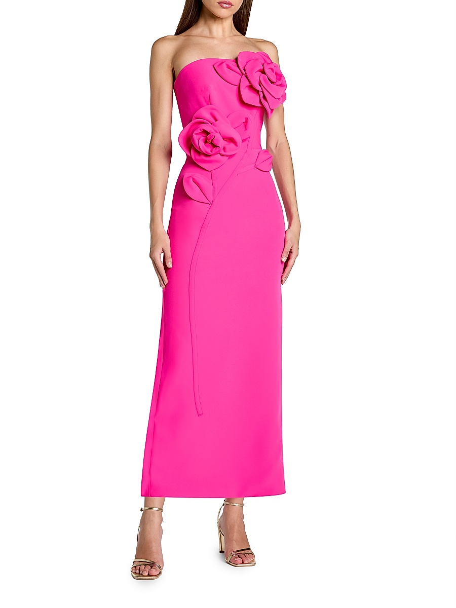 Women's Floral Embellished Crepe Strapless Maxi Dress - Hot Pink
