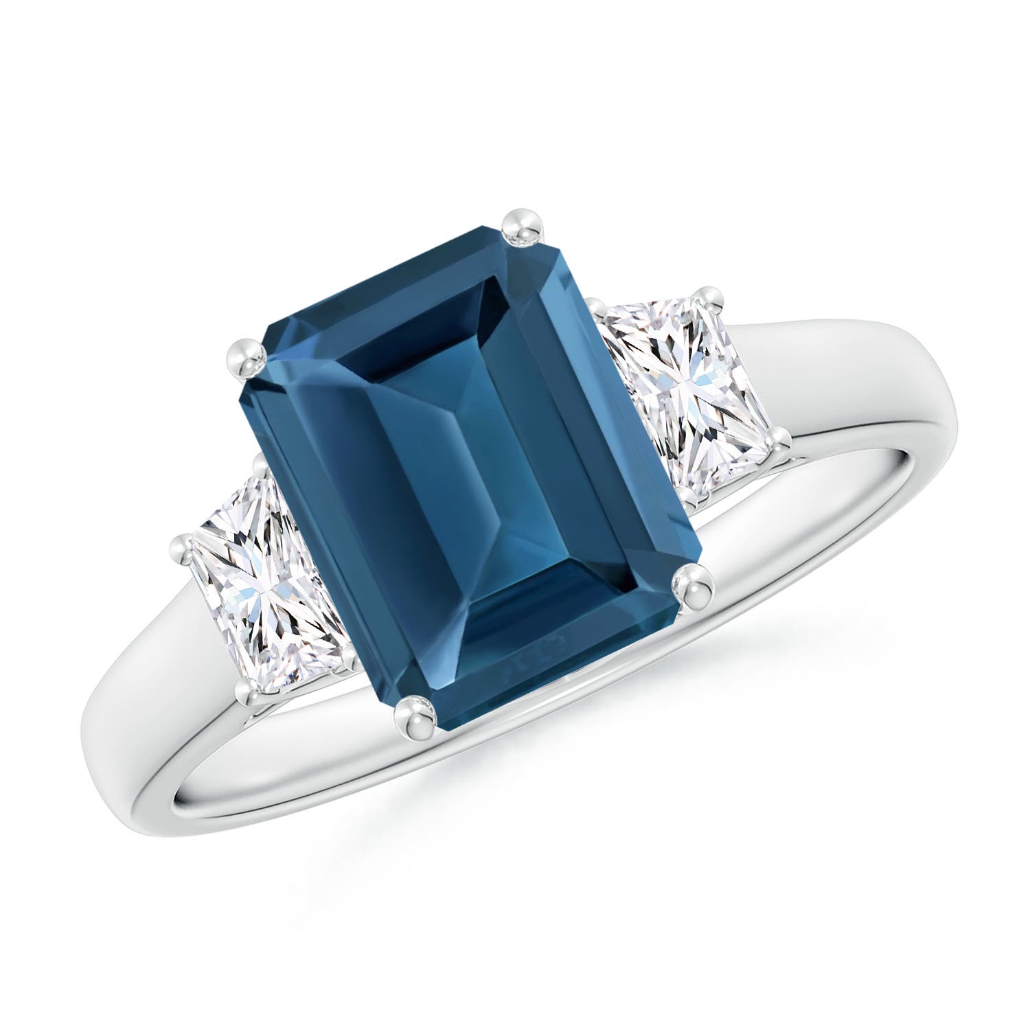 Angara 2.75 Carats Three Stone Emerald-Cut London Blue Topaz and Diamond Ring in Platinum