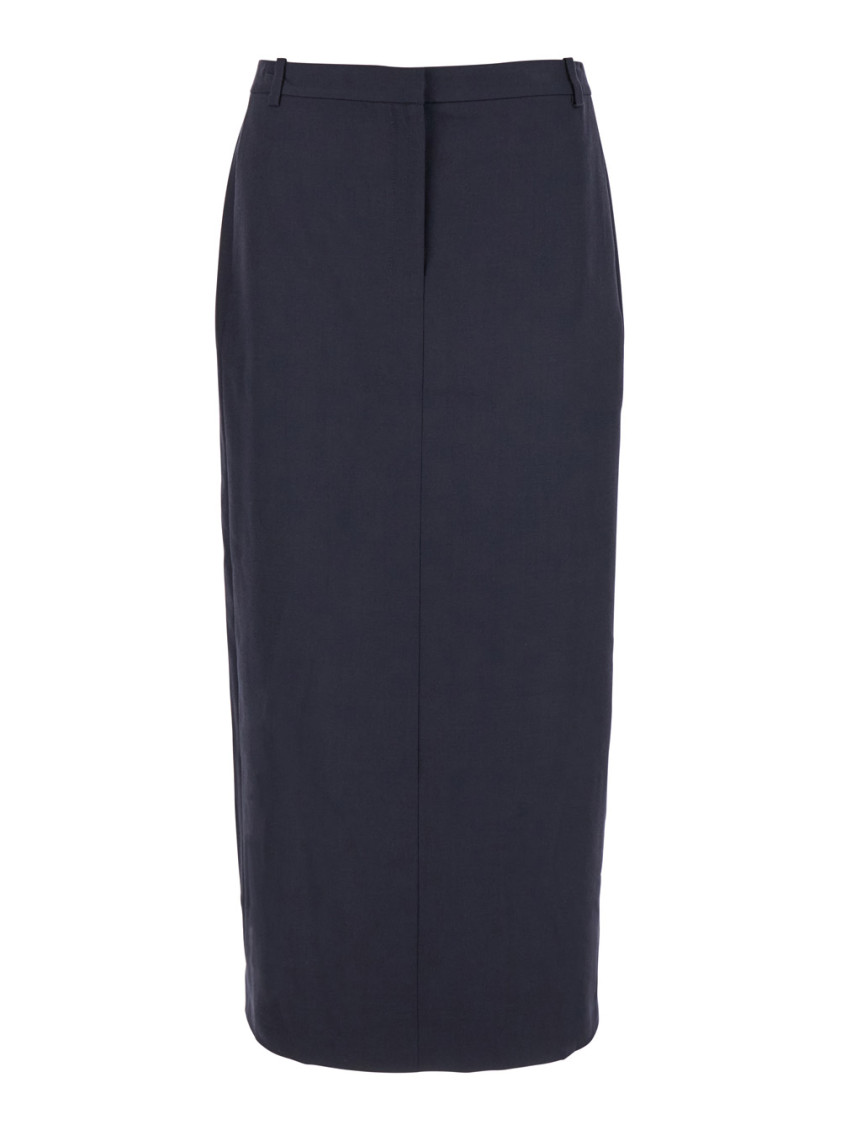 Midi Blue Skirt With Slit In Wool Blend Woman